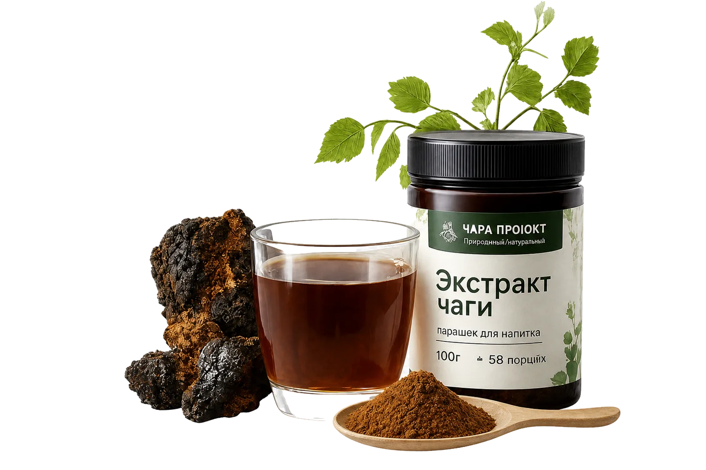 Экстракт чаги, напиток и кусочки чаги